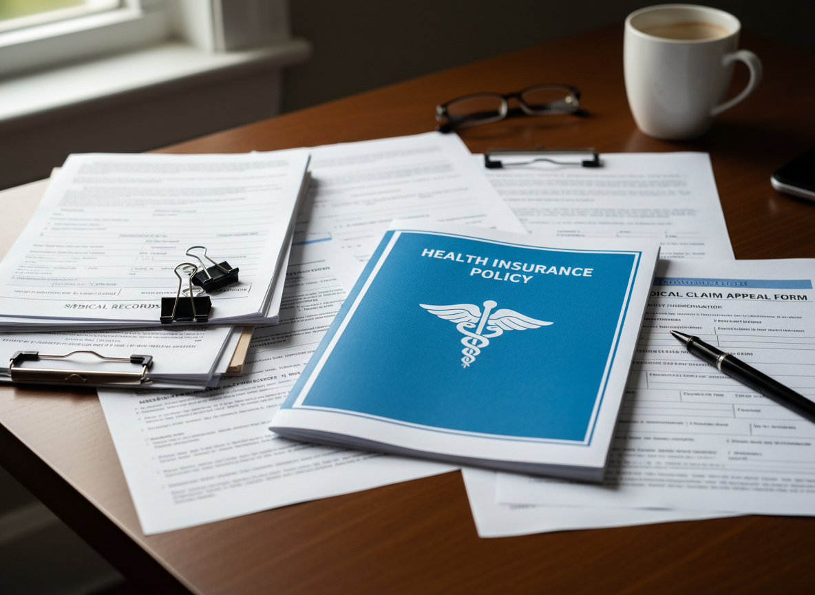 Health insurance document, medical records, and appeal form on a desk